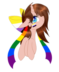 Size: 629x761 | Tagged: safe, artist:afterglory, oc, oc only, oc:ash, pony, unicorn, bow, female, hair bow, mare, nonbinary pride flag, pride, pride flag, simple background, solo, transparent background