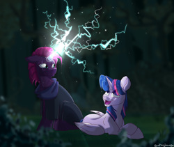 Size: 1280x1080 | Tagged: safe, artist:aaftergloweeye, fizzlepop berrytwist, tempest shadow, twilight sparkle, alicorn, pony, unicorn, g4, spoiler:mlp friendship is forever, duo, duo female, eye scar, female, horn, lightning, looking up, lying down, magic, open mouth, open smile, prone, scar, sitting, smiling, sparking horn, twilight sparkle (alicorn)
