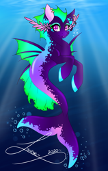 Size: 1318x2088 | Tagged: safe, artist:shadowdash44, oc, oc only, merpony, seapony (g4), bubble, crepuscular rays, dorsal fin, eyelashes, fin wings, fins, fish tail, flowing tail, looking at you, ocean, pink eyes, signature, smiling, solo, sunlight, swimming, tail, underwater, water, wings