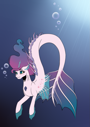 Size: 689x968 | Tagged: safe, artist:nathy2001, oc, oc only, hybrid, merpony, seapony (g4), bubble, crepuscular rays, dorsal fin, fins, fish tail, flowing mane, flowing tail, gem, ocean, smiling, solo, sunlight, swimming, tail, underwater, water