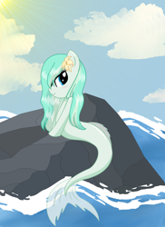 Size: 1700x2338 | Tagged: safe, artist:mappymaples, oc, oc only, seapony (g4), blue eyes, cloud, dorsal fin, female, flower, flower in hair, flowing tail, ocean, rock, sky, solo, sun, sunlight, tail, water