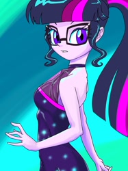Size: 756x1009 | Tagged: safe, artist:xjleiu, sci-twi, twilight sparkle, equestria girls, equestria girls specials, g4, my little pony equestria girls: better together, my little pony equestria girls: spring breakdown, backless, bare shoulders, female, glasses, pixiv, ponytail, sleeveless, solo
