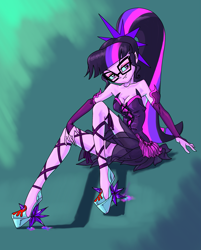 Size: 2087x2592 | Tagged: safe, artist:xjleiu, sci-twi, twilight sparkle, equestria girls, g4, bare shoulders, breasts, cleavage, clothes, crossed legs, dress, female, glasses, glowing eyes, high heels, high res, midnight sparkle, ponytail, shoes, sleeveless, solo, strapless