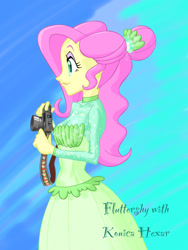 Size: 900x1200 | Tagged: safe, artist:xjleiu, fluttershy, equestria girls, g4, my little pony equestria girls: better together, so much more to me, camera, clothes, dress, eyeshadow, female, film reel, hair bun, konica hexar, lipstick, makeup, solo