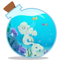 Size: 1920x1881 | Tagged: safe, artist:dianamur, oc, oc only, fish, seapony (g4), bottle, bubble, coral, crepuscular rays, deviantart watermark, ear fluff, female, fish tail, flowing mane, flowing tail, glass, looking up, obtrusive watermark, ocean, open mouth, seaweed, simple background, smiling, solo, sunlight, swimming, tail, transparent background, underwater, water, watermark
