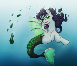 Size: 2200x1900 | Tagged: safe, artist:acry-artwork, oc, oc only, fish, merpony, sea pony, bubble, commission, crepuscular rays, fin wings, fish tail, flowing mane, flowing tail, green eyes, ocean, open mouth, smiling, solo, sunlight, swimming, tail, underwater, water, wings, ych result