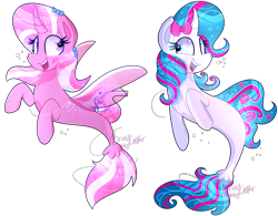 Size: 1370x1067 | Tagged: safe, artist:llyly, artist:lynchristina, oc, oc only, alicorn, pony, seapony (g4), unicorn, blue eyes, dorsal fin, female, fin wings, fish tail, flowing mane, flowing tail, horn, looking at each other, open mouth, purple eyes, seaponified, simple background, smiling, species swap, tail, teeth, transparent background, wings