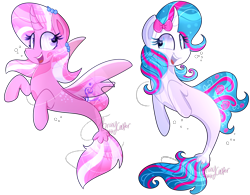 Size: 1370x1067 | Tagged: safe, artist:lynchristina, oc, oc only, oc:crystal melody, oc:pinkie rose, alicorn, pony, seapony (g4), unicorn, blue eyes, dorsal fin, female, fin wings, fish tail, flowing mane, flowing tail, horn, looking at each other, open mouth, purple eyes, seaponified, simple background, smiling, species swap, tail, teeth, transparent background, wings