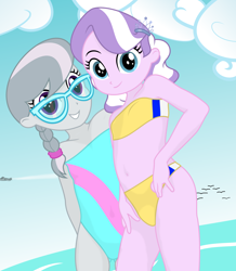 Size: 5280x6060 | Tagged: source needed, safe, artist:dtavs.exe, diamond tiara, silver spoon, bird, seagull, equestria girls, g4, beach, belly button, bikini, clothes, cloud, glasses, midriff, one-piece swimsuit, plane, swimsuit, water