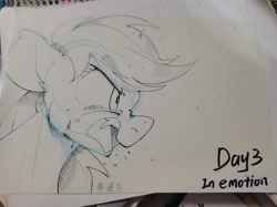Size: 1638x1228 | Tagged: dead source, safe, artist:yaco, rainbow dash, pegasus, pony, g4, angry, crying, female, mare, newbie artist training grounds, open mouth, sketch, solo, traditional art
