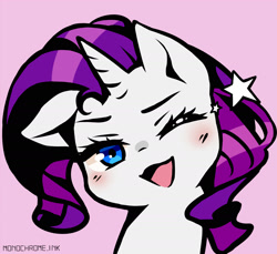 Size: 2400x2200 | Tagged: safe, artist:monochrome, rarity, pony, unicorn, g4, :3, blushing, cute, female, high res, looking at you, mare, monochrome, one ear down, one eye closed, open mouth, open smile, raribetes, smiling, wink, winking at you