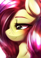 Size: 1430x2048 | Tagged: safe, artist:kurogewapony, fluttershy, pegasus, pony, g4, blushing, bust, female, hair over one eye, looking away, looking down, mare, portrait, smiling, solo, stray strand, three quarter view