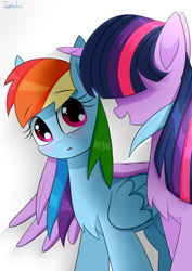 Size: 2480x3507 | Tagged: safe, artist:twidasher, rainbow dash, twilight sparkle, alicorn, pegasus, pony, g4, blushing, chest fluff, duo, eyebrows, eyebrows visible through hair, feather, female, hair covering face, hidden eyes, high res, hug, lesbian, looking at each other, mare, open mouth, open smile, ship:twidash, shipping, signature, simple background, size difference, smiling, twilight sparkle (alicorn), white background, winghug, wings