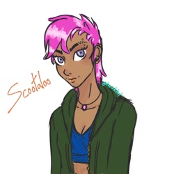 Size: 768x768 | Tagged: safe, artist:tamakiirl, scootaloo, human, g4, alternate hairstyle, bra, clothes, crop top bra, dark skin, ear piercing, earring, eyebrow piercing, eyebrow slit, eyebrows, female, humanized, jewelry, lipstick, makeup, necklace, older, older scootaloo, piercing, simple background, solo, underwear, white background