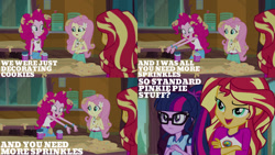 Size: 1280x720 | Tagged: safe, edit, edited screencap, editor:quoterific, screencap, fluttershy, pinkie pie, sci-twi, sunset shimmer, twilight sparkle, equestria girls, g4, my little pony equestria girls: legend of everfree, belt, camp everfree outfits, clothes, crossed arms, female, food, glasses, hairpin, open mouth, pinkie being pinkie, ponytail, sprinkles, tank top