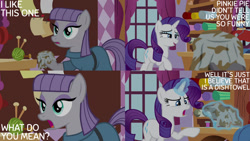 Size: 1280x720 | Tagged: safe, edit, edited screencap, editor:quoterific, screencap, maud pie, rarity, earth pony, pony, unicorn, g4, maud pie (episode), season 4, carousel boutique, fabric, female, magic, mare, open mouth, telekinesis