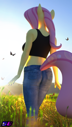 Size: 2160x3840 | Tagged: safe, artist:shadowboltsfm, fluttershy, butterfly, anthro, plantigrade anthro, g4, 3d, 4k, ass, beautiful, blender, boots, breasts, busty fluttershy, butt, clothes, flutterbutt, grass, grass field, high heel boots, high res, implied tail hole, jeans, lens flare, midriff, nature, not sfm, pants, rearboob, shoes, short shirt, sleeveless, solo, tail, tank top