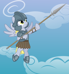 Size: 3000x3200 | Tagged: safe, artist:the smiling pony, derpy hooves, pegasus, pony, g4, .svg available, armor, armor skirt, clothes, cloud, flying, frown, helmet, high res, skirt, solo, spear, spread wings, svg, vector, weapon, wings