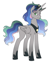 Size: 1114x1356 | Tagged: safe, artist:d1sgust1nqq, king sombra, princess celestia, oc, oc only, alicorn, bicorn, pony, g4, alicorn oc, crown, female, fusion, heterochromia, horn, horns, jewelry, mare, multiple horns, regalia, simple background, solo, white background, wings