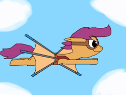 Size: 1500x1125 | Tagged: safe, artist:blazewing, idw, scootaloo, friendship is magic #81, g4, my little pony: friendship is magic (idw), spoiler:comic, artificial wings, atg 2021, augmented, cloud, female, filly, flying, foal, glider, goggles, newbie artist training grounds, sky, smiling, wings