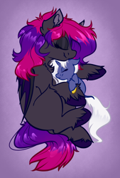 Size: 2700x4000 | Tagged: safe, artist:witchtaunter, oc, oc:slipspace perigee, bat pony, pony, unicorn, bat pony oc, bat wings, child, commission, cuddling, cute, ear fluff, female, floppy ears, mother and child, mother and daughter, parent and child, shoulder fluff, sleeping, smiling, snuggling