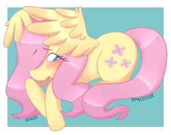 Size: 1024x811 | Tagged: safe, alternate version, artist:spacessie, fluttershy, pegasus, pony, g4, blushing, covering, cute, daaaaaaaaaaaw, female, hair over one eye, lying down, mare, prone, redraw, shy, shyabetes, solo, spread wings, wing covering, wings