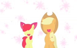 Size: 1600x1000 | Tagged: safe, artist:garammasara, apple bloom, applejack, earth pony, pony, g4, duo, female, filly, lineless, mare, no eyes, open mouth, open smile, siblings, sisters, smiling
