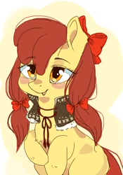 Size: 867x1237 | Tagged: safe, artist:rine_li, apple bloom, earth pony, pony, g4, alternate hairstyle, blushing, female, filly, solo