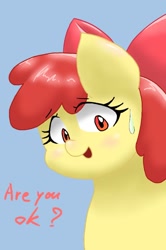 Size: 540x812 | Tagged: safe, artist:konty0912, apple bloom, earth pony, pony, g4, adorabloom, blushing, cute, female, filly, looking at you, offscreen character, open mouth, pov, sweat, sweatdrop, text