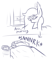 Size: 1091x1217 | Tagged: safe, artist:moonatik, oc, oc only, oc:selenite, bat pony, pony, bat pony oc, bed, cloud, digital clock, female, mare, morning, onomatopoeia, sketch, sleeping, snoring, solo, sunrise, window