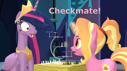 Size: 1920x1080 | Tagged: safe, artist:red4567, luster dawn, twilight sparkle, alicorn, pony, unicorn, g4, the last problem, 3d, 3d chess, atg 2021, checkmate, chess, crown, dialogue, duo, duo female, female, glowing horn, horn, jaw drop, jewelry, looking at each other, magic, magic aura, mare, newbie artist training grounds, older, older twilight, older twilight sparkle (alicorn), princess twilight 2.0, regalia, shocked, source filmmaker, star trek, twilight sparkle (alicorn)