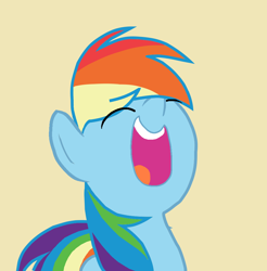 Size: 984x1000 | Tagged: source needed, safe, artist:appliedscience, rainbow dash, pegasus, pony, g4, eyes closed, happy, laughing, open mouth, simple background, solo, volumetric mouth, yellow background