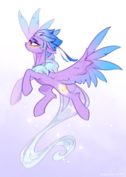 Size: 2979x4182 | Tagged: safe, artist:vincher, oc, oc only, oc:empyrea, pegasus, pony, colored wings, concave belly, feather, female, floppy ears, flying, gradient wings, long tail, mare, signature, slender, solo, spread wings, sternocleidomastoid, tail, thin, wings