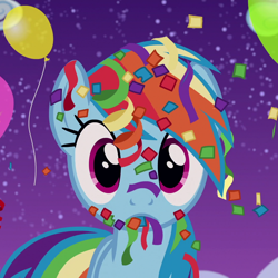 Size: 1080x1080 | Tagged: safe, screencap, rainbow dash, pegasus, pony, g4, newbie dash, season 6, balloon, confetti, cropped, female, mare, party balloon, solo