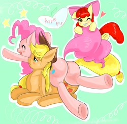 Size: 2120x2080 | Tagged: safe, artist:uguisunokoe1919, apple bloom, applejack, pinkie pie, earth pony, pony, g4, adorabloom, balloonbutt, blushing, butt, cute, diapinkes, female, filly, grin, heart, high res, jackabetes, mare, one eye closed, plot, smiling, wink