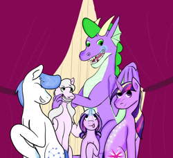 Size: 1280x1172 | Tagged: safe, artist:14errantartistgd, orion, shooting star (g4), spike, twilight sparkle, oc, oc:aurora sparkle-star, oc:serenity sparkle-star, dragon, pony, unicorn, g4, adopted offspring, family, female, filly, male, mare, offspring, older, older spike, parent:shooting star, parent:twilight sparkle, shipping, stallion, straight, unicorn twilight, winged spike, wings