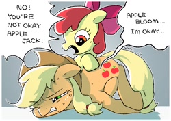 Size: 1457x1032 | Tagged: safe, artist:mochi_nation, apple bloom, applejack, earth pony, pony, g4, apple bloom's bow, applejack's hat, bow, cowboy hat, duo, duo female, female, filly, hair bow, hat, hoof on belly, injured, mare, open mouth, speech bubble, stomach pain
