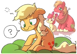 Size: 1457x1032 | Tagged: safe, artist:mochi_nation, apple bloom, applejack, big macintosh, earth pony, pony, g4, bed, confused, female, filly, male, mare, messy mane, question mark, sitting, speech bubble, stallion, translation request, trio, waking up