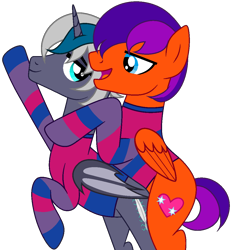 Size: 1038x1114 | Tagged: safe, artist:mcjojo, oc, oc:elizabat stormfeather, oc:jade harmony, oc:jaden the pegasus, alicorn, bat pony, bat pony alicorn, pegasus, pony, alicorn oc, bat pony oc, bat wings, bedroom eyes, bipedal, bisexual pride flag, clothes, commission, gay, horn, hug, looking at each other, male, misleading thumbnail, not what it looks like, oc x oc, pride, pride flag, pride month, pride socks, rule 63, shipping, simple background, socks, stallion, striped socks, sweater, transparent background, wings, ych result