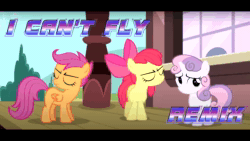 Size: 1280x720 | Tagged: safe, edit, edited screencap, screencap, apple bloom, scootaloo, sweetie belle, earth pony, pegasus, pony, unicorn, flight to the finish, g4, animated, can't fly, hearts as strong as horses, music, remix, sound, spoilers for another series, webm