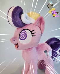 Size: 1080x1336 | Tagged: safe, discord, screwball, draconequus, earth pony, pony, g4, commission, craft, eyes closed, female, hat, irl, male, mare, open mouth, photo, plushie, swirly eyes, top hat, toy