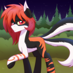 Size: 2048x2048 | Tagged: safe, artist:whitequartztheartist, oc, oc only, oc:moeru tamashi, earth pony, fox, fox pony, hybrid, pony, body markings, countershading, forest, high res, red eyes, solo, two tails