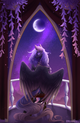 Size: 3265x5000 | Tagged: safe, artist:monogy, oc, oc only, pegasus, pony, balcony, female, jewelry, looking at you, looking back, looking back at you, mare, moon, night, solo