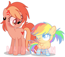 Size: 1405x1232 | Tagged: dead source, safe, artist:cherritoppu, oc, oc only, earth pony, pegasus, pony, angry, blushing, clothes, cross-popping veins, duo, earth pony oc, female, filly, frown, looking back, mare, multicolored hair, one eye closed, pegasus oc, rainbow hair, simple background, socks, transparent background, wings, wink