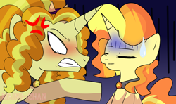 Size: 2148x1269 | Tagged: dead source, source needed, safe, artist:cherritoppu, adagio dazzle, oc, oc:twinkle topaz, pony, unicorn, g4, angry, blushing, equestria girls ponified, eyes closed, female, gritted teeth, horn, magical lesbian spawn, mare, mother and child, mother and daughter, offspring, parent:adagio dazzle, parent:sunset shimmer, parents:sunsagio, ponified, raised hoof, sweat, sweatdrop, unicorn oc, white eyes