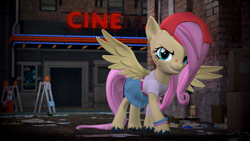 Size: 3840x2160 | Tagged: safe, artist:owlpirate, fluttershy, pegasus, pony, g4, 3d, 4k, 90s grunge fluttershy, backwards ballcap, bandaid, bandaid on nose, baseball cap, brick wall, cap, cinema, clothes, denim skirt, female, hair over one eye, hat, high res, looking at you, mare, shirt, skirt, smiling, smirk, solo, source filmmaker, spread wings, tomboy, unshorn fetlocks, wings