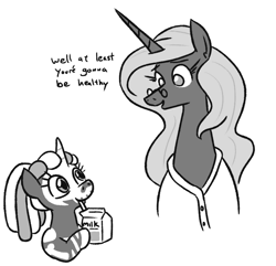 Size: 825x794 | Tagged: safe, artist:jargon scott, oc, oc:nyx, oc:nyxzala, alicorn, hybrid, pony, unicorn, zony, black and white, drink, drinking, duo, female, filly, glasses, grayscale, hoof hold, magical lesbian spawn, mare, milk, monochrome, mother and child, mother and daughter, offspring, older, older nyx, parent:oc:nyx, parent:oc:zala, parents:oc x oc, simple background, white background
