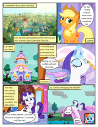 Size: 612x792 | Tagged: safe, artist:newbiespud, edit, edited screencap, screencap, applejack, rainbow dash, rarity, earth pony, pegasus, pony, unicorn, comic:friendship is dragons, g4, magical mystery cure, bridge, brush, building, cloud, comic, d:, dialogue, eyelashes, eyes closed, female, glowing horn, hat, horn, magic, magic aura, mare, open mouth, outdoors, raised hoof, screencap comic, swapped cutie marks, telekinesis