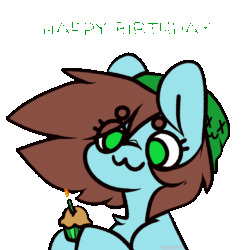 Size: 750x750 | Tagged: safe, artist:spoopygander, oc, oc only, oc:neko, earth pony, pony, :3, animated, beanbrows, birthday, cupcake, cute, eye clipping through hair, eyebrows, female, food, gif, happy birthday, mare, simple background, smoke, solo, transparent background