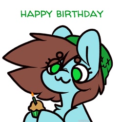 Size: 1500x1500 | Tagged: safe, alternate version, artist:spoopygander, oc, oc only, oc:neko, earth pony, pony, :3, beanbrows, birthday, candle, cupcake, cute, eye clipping through hair, eyebrows, female, food, happy birthday, mare, simple background, solo, white background